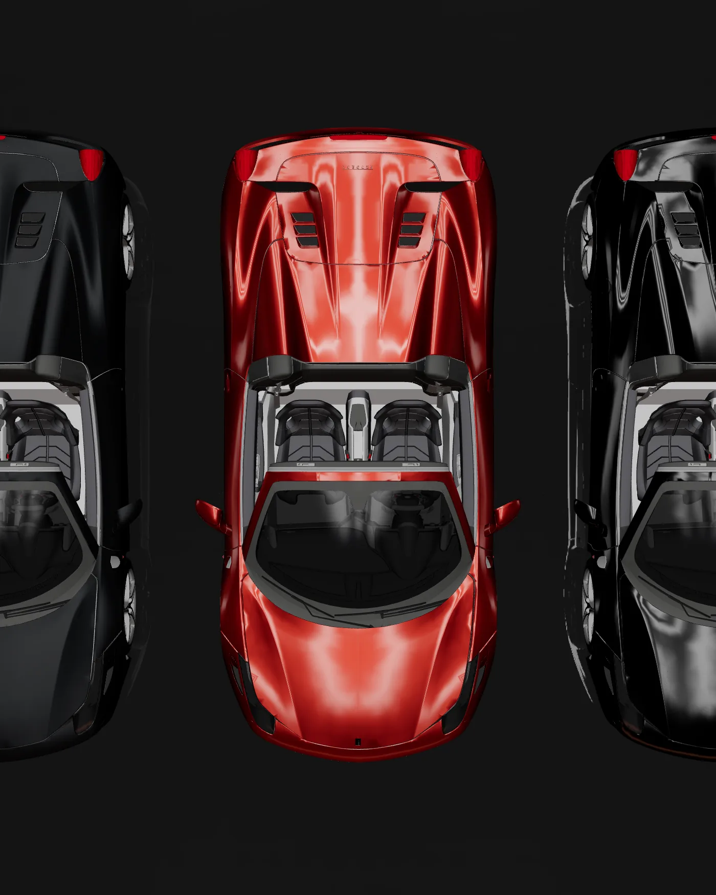 Três carros vistos de cima, lado a lado.